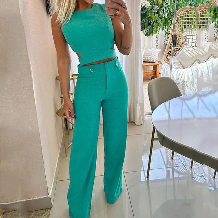 Jhara - Chic Cropped Top High Waist Long Trousers Suits